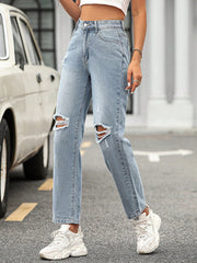 Trendy Wide Leg Loose Hole High Waist Denim Hose mit Tasche
