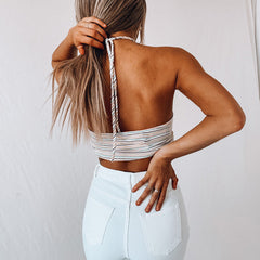 Slim Fit Drawstring Striped Vest Pleating Backless Halter Lace Up Vest