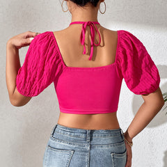 Halter Hollow Out Cutout Backless Tight Short Sleeve Top