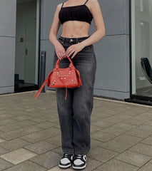 Hohe Taille Gerade Jeans Reines Schwarz Casual Lose Hängenden Straße