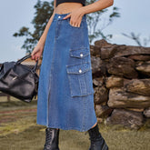 Pantalon cargo en jean à taille élastique, robe midi décontractée, jupe