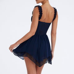 Lace Stitching Irregular Asymmetric Suspender Slim Fit Backless Short Sleeveless Dress