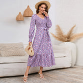 Robe longue à smocks, coupe slim, amincissante, manches longues, col en V, motif floral