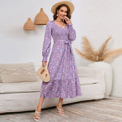 Smocking Dress Slim Fit Slimming Bubble Long Sleeve V Neck Floral Maxi Dress