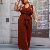 Plus Size Schnürung Transparent Langarm Gerade Lose Hohe Taille Volltonfarbe