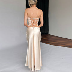 Robe longue en satin, haut tube, couleur unie, dos nu, jupe à lacets