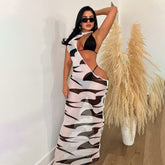 Digitaldruck Unregelmäßiges asymmetrisches Netzkleid Bikini Dreiteiliges Set