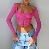 Slim Lace Boning Corset Long Sleeve Square Cut Collar Short Top