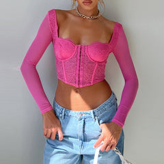 Slim Lace Boning Corset Long Sleeve Square Cut Collar Short Top