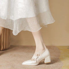 Women's Jane Square Toe Thick Bowknot High Heels