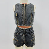 Stars Zipper Denim Vest Top Denim Shorts Suit Two-Piece Set