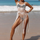 Beach Vacation HCrocheting Woven Hollowed Tassel Beach Mid Length Dress Bikini Smock Dress