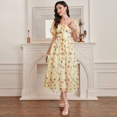 Elegant Mesh Square Collar Puff Sleeve High Waist Dress