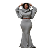 Slim Fit Solid Color Hooded Fishtail Skirt Set