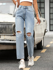 Trendy Wide Leg Loose Hole High Waist Denim Hose mit Tasche