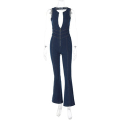 Slim Fit Schlankmachender rückenfreier Retro-Jeansoverall mit hoher Taille