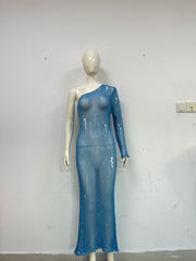 Robe de plage amincissante à une épaule, robe longue en tricot ajourée et découpée, chemisier