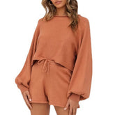 Lantern Sleeve Sweater Shorts Solid Color Homewear Suit