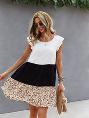Three Color Stitching Dress Contrast Color Leopard Print Flying Short Sleeve A Line Dress