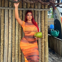 Sheer Mesh Gradient Color Printed round Neck Short Sleeve Sheath Split Beach Dress Trendy