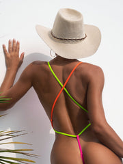 Solid Color One Piece Swimsuit Drawstring