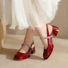 Women's Toe Chunky Mary Jane Rhinestone Belt Heels