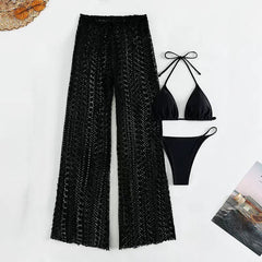 Koreanisches dreiteiliges Bikini-Set mit einfarbiger Strickhose