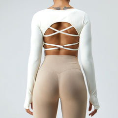 Quick Drying Seamless Long Sleeve Yoga Wear Cross Beauty Back Yoga Jacket Sports Fitness Top