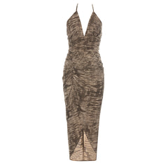 Dress Retro Halter Lace up Backless Front Slit Slim Dress