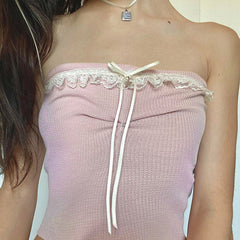 Sweet Girl Pink Bow Lace up Contrast Color Lace Tube Top Gentle Slim Fitting Back Shaping Waffle Top