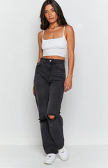 Lockere Löcher, hohe Taille, gerade, trendige Street-Jeans