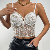 Corset à armatures pour femme, broderie florale, taille en maille transparente, petit gilet