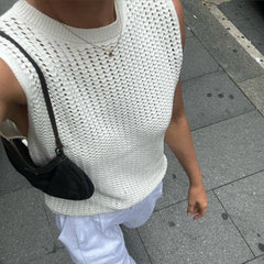 Cutout Dehaired Angora Covering Yarn Sleeveless Knitted Pullover Vest Top