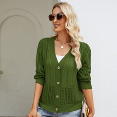 Dignified Hollow Out Cutout Knitted Cardigan Outer Wear All Matching V Neck Sweater