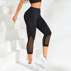 Nahtloser, ausgehöhlter, Ausschnitt-Netzstoff, hohe Taille, Hüftlift, Yoga-Hose, verkürzte Hose, Sport-BH, Fitnessanzug
