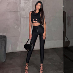 Tight Sleeveless Hollow Out Cutout Top Button Trousers Sets