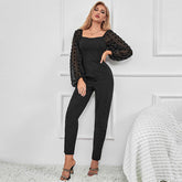 Schmaler, langärmliger Jumpsuit in Schwarz mit Nähten