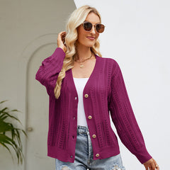 Dignified Hollow Out Cutout Knitted Cardigan Outer Wear All Matching V Neck Sweater