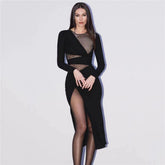 Fischnetz Strass Bandage Einteiliges Kleid Langarm Elegantes Cocktail Abendkleid
