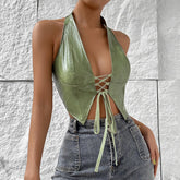 Tief ausgeschnittene Strickjacke, einfarbig, Neckholder, Schnürweste aus Kunstleder