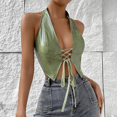 Low Cut Cardigan Solid Color Halter Lace up Faux Leather Vest