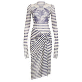 Personalized Printed Striped Patchwork Round Neck Long Sleeve Basic Pullover Top High Waist Pleating Split Skirt Two Piece Set