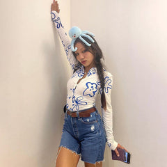 Collared Print Cardigan Button Casual Shirt Top