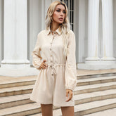 Solid Color Polo Collar Drawstring Shirt Wide Leg Romper