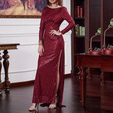 Kleid Rückenfrei Lange Ärmel Slim Fit Schlitz Cocktailmal Maxikleid