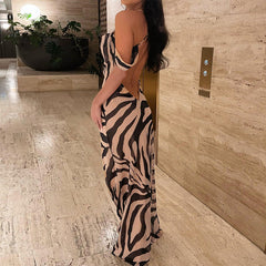 Printed Slim Fit Maxi Dress Fall off Neck Backless Cami Dress