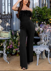 Deep V Plunge Feather Jumpsuit Casual Trousers