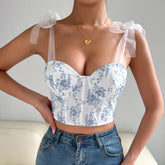 Corset à bretelles spaghetti nouées dos nu avec anneau en acier et armatures Corset à armatures poitrine Gilet en coton