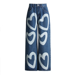 Jeans mit hoher Taille, drapiert, Retro, weites Bein, gerades Bein, bedruckt, Love Slimming Loose Jeans