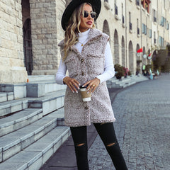 Gilet cardigan sans manches en velours délavé, ample et décontracté, à col montant